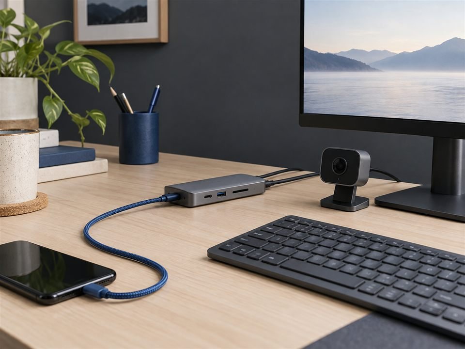 Escritorio con portátil, hub USB-C, teclado, cámara y cables organizados