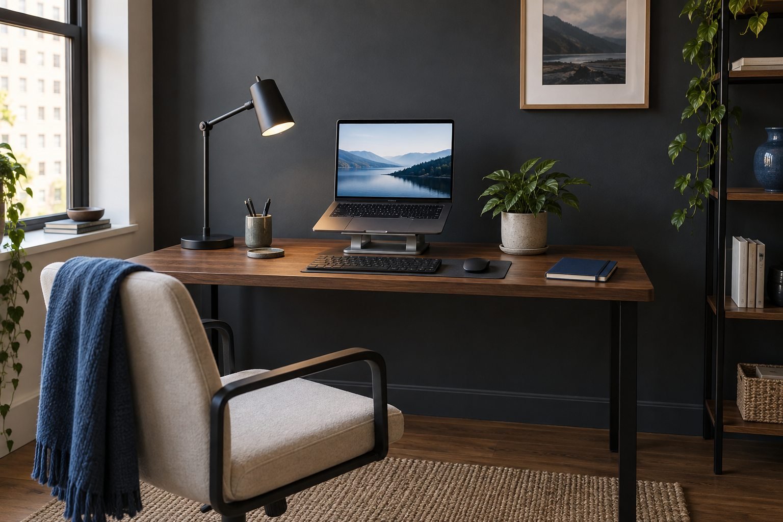 Home office compacto con portátil elevado, teclado y lámpara