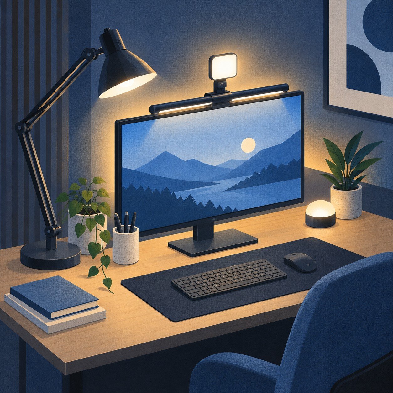 Ilustración de soluciones de iluminación para escritorio