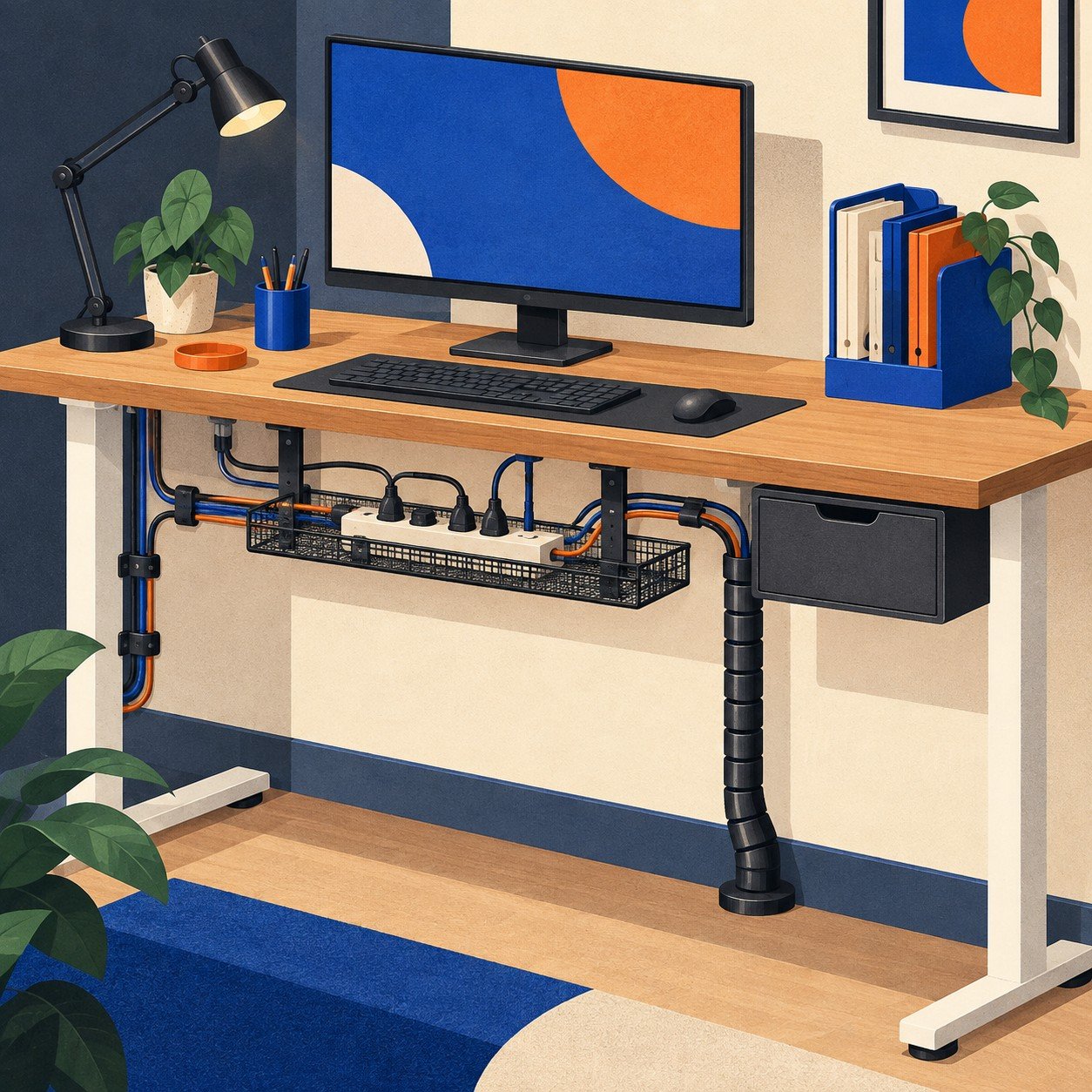 Ilustración de organización de cables y accesorios