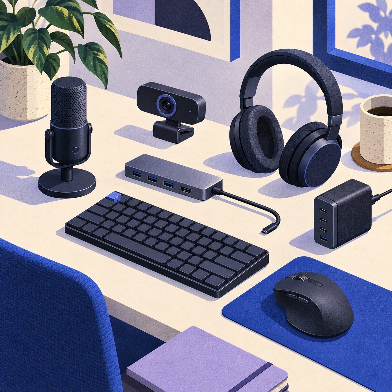 Ilustración de periféricos y conexiones para home office